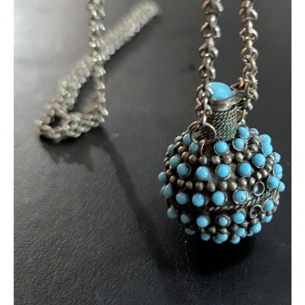 Vtg Turquoise Snuff Scent Bottle Necklace Tibetan Silver Perfume Poison Pendant - Picture 11 of 12
